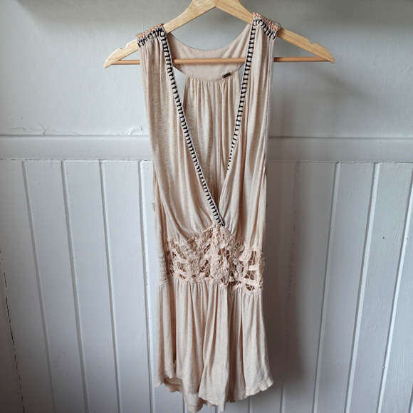 Free People Tunic Tank Top Womens Small Cream Megan Lace Embroidered Crochet - Picture 2 of 8